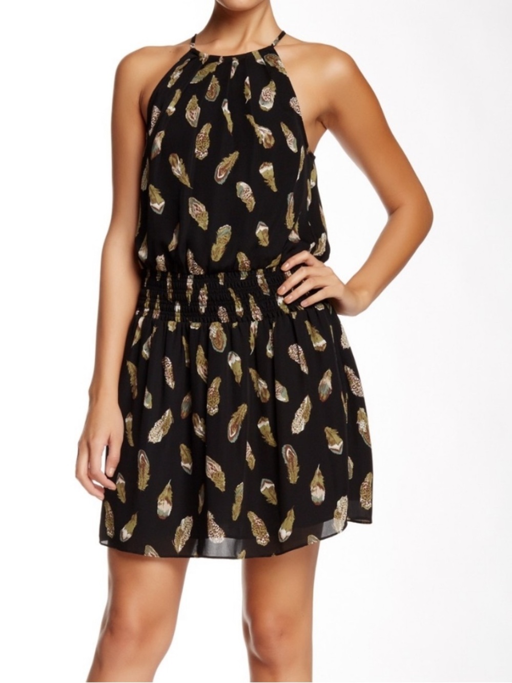 Joie "Nahal B" Silk Floating Feather Print Sleeveless Mini Dress Black Small